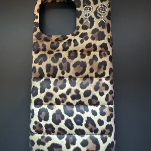 Urban Sophistication Leopard Print Puffer Phone Case with Rhinestone Detail